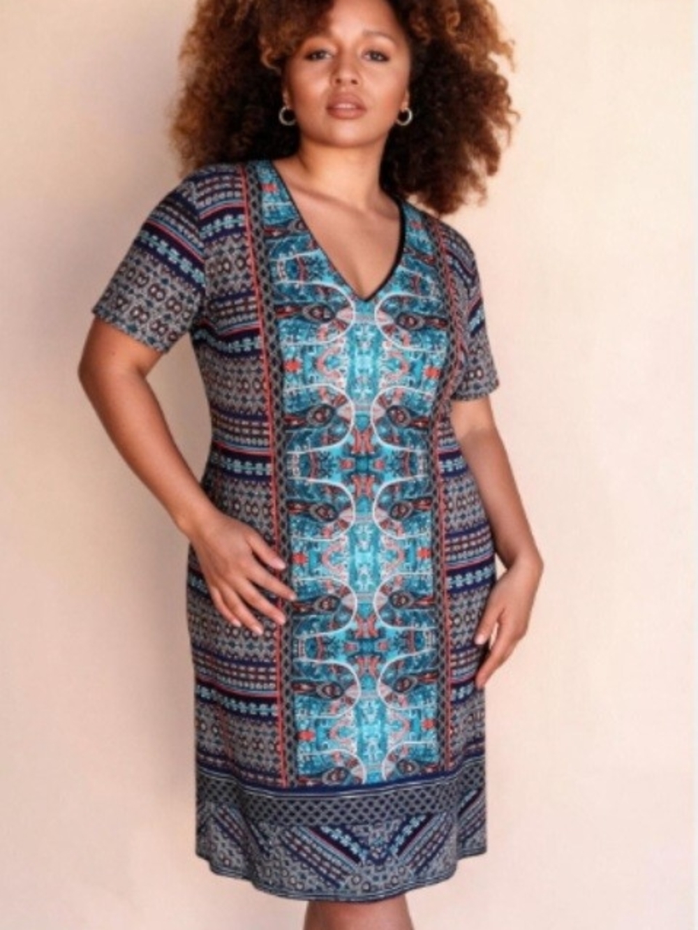 Size 20w V-Neck Turquoise Patterned Dress FREE Necklace Inc!